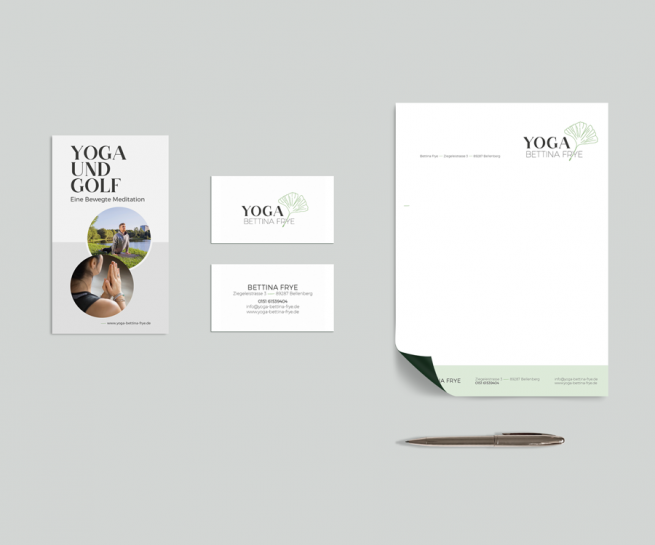 Mockup von einem Flyer, Visitenkarte und Briefpapier mit dem Branding von Yoga Bettina Frye