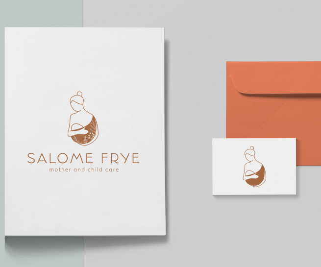 Mockup mit Flyer, Visitenkarte und Briefumschlag mit dem Logo von Salome Frye - mother and child care