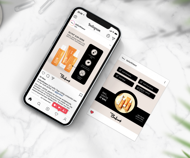 Mockup von Mobiltelefon und quadratischem Instagram Beitrag befurtfriseur