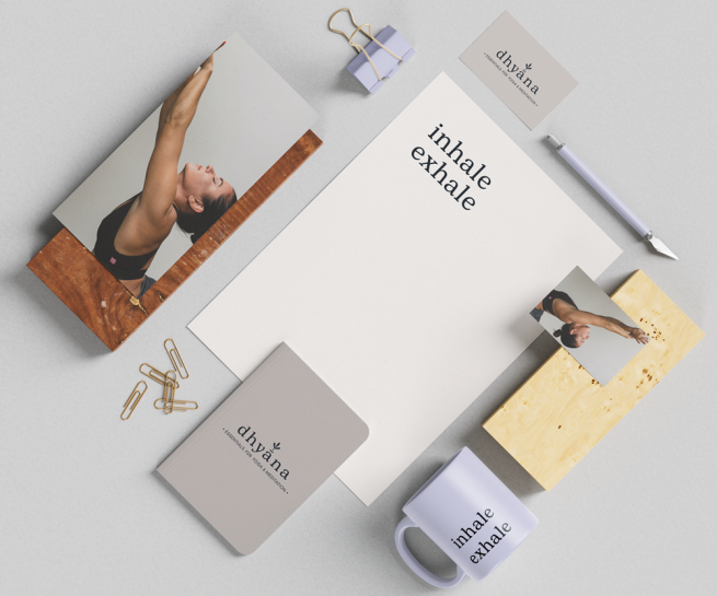 Mockup von Briefpapier, Visitenkarte, Notizbuch und Kaffeebecher für dhyana Ulm