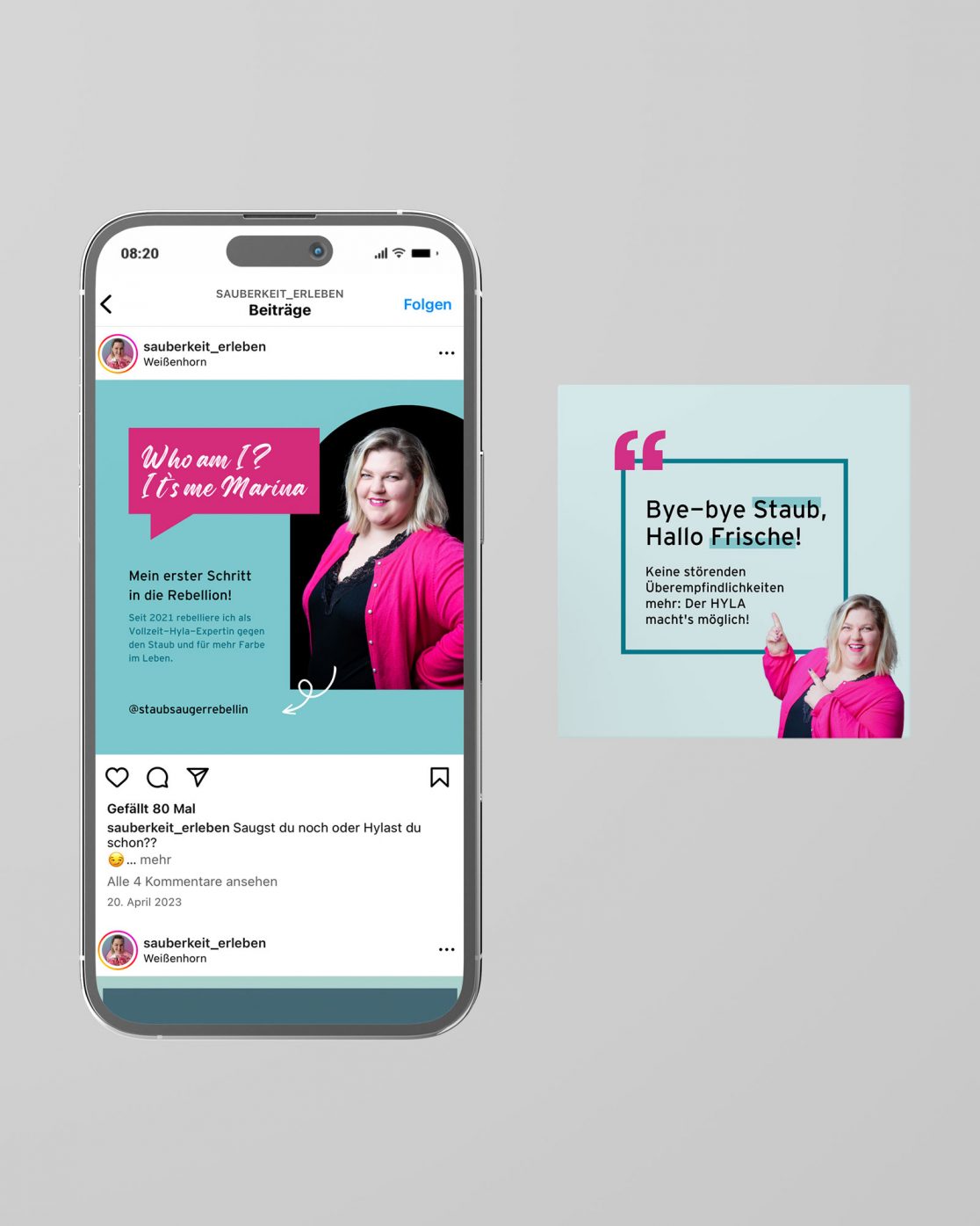 Mockup von Mobiltelefon und Instagrambeitrag mit Logo der Staubsauger Rebellin