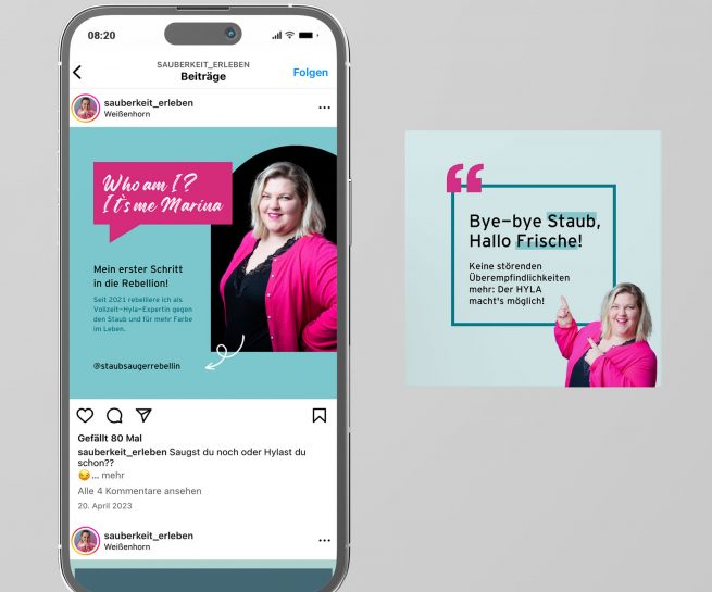Mockup von Mobiltelefon und Instagrambeitrag mit Logo der Staubsauger Rebellin